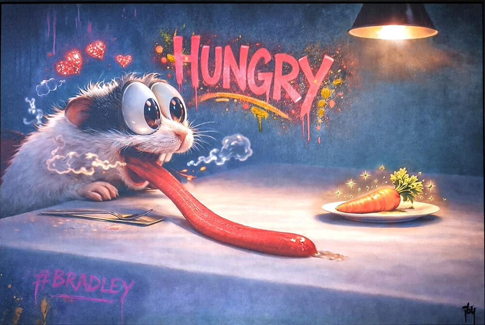 " Hungry " !! Hungry est un cadre en aluminium en textures mixtes de 45X60 cm, mettant en scène Bradley, mon petit cochon d'inde iconique - 500€